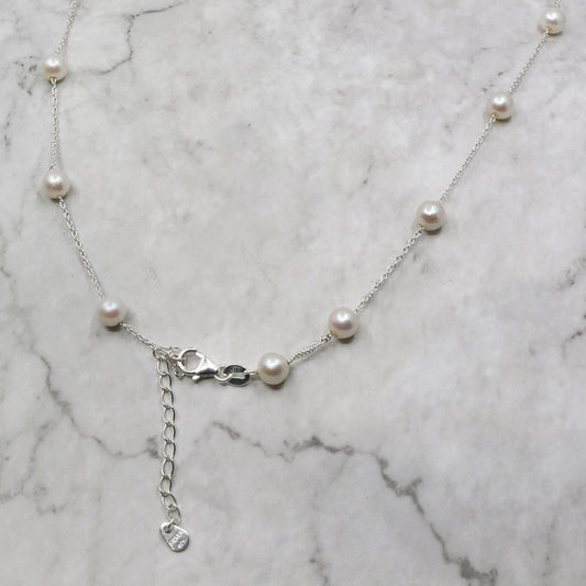 Silver freshwater pearl station necklace